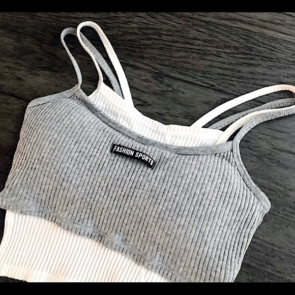 Fashion Sports Tops - NWOT/Fashion Sports gray/white layered, 2 in 1 ribbed tank crop top/Sports bra